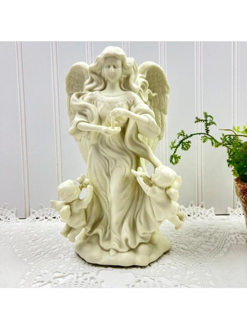 Partylite "Angel Of Light" Taper Candleholder Bisque Figurine Statue Cherubs